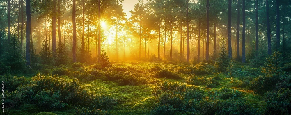 Obraz premium Morning Sunrise Over Pine Forest Landscape.