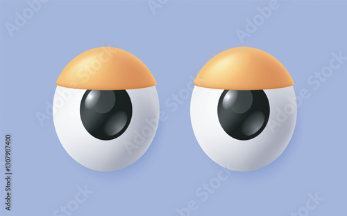 3D eyes. Cartoon icon or comic emoji with eyeballs and squinted eyelids. Eyes express negative emotions. Funny eyesight pair. Realistic vector illustration in plasticine style