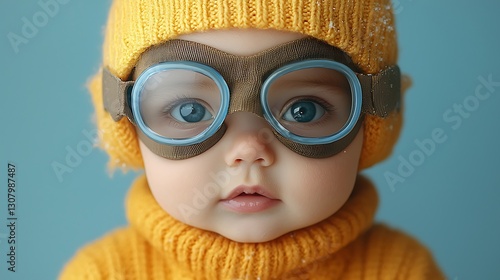 Baby aviator portrait, winter studio photo