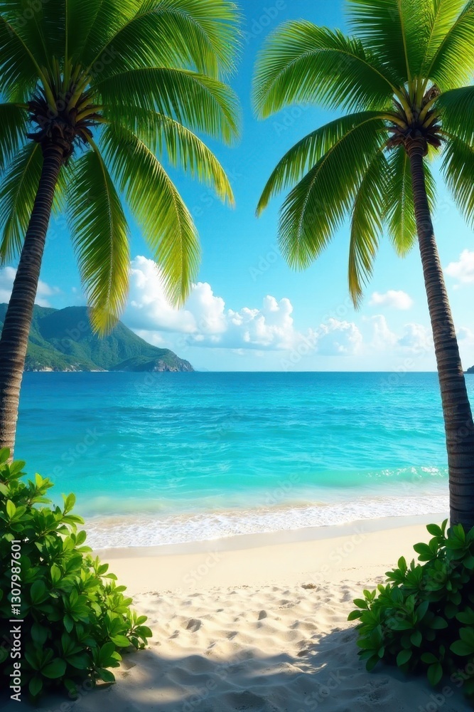 Fototapeta premium Lush palms frame vibrant beach, stunning ocean view , beach, waves, scenic