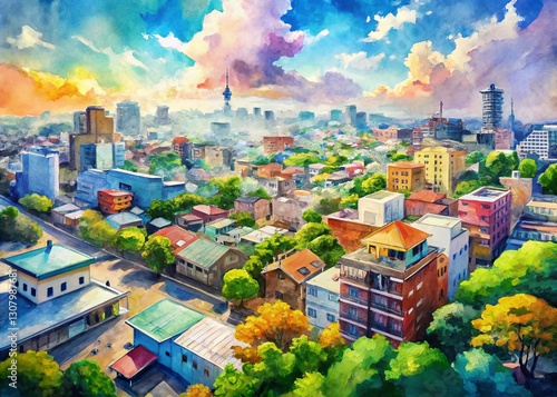 Aerial View Cityscape Flat Manga Watercolor Illustration