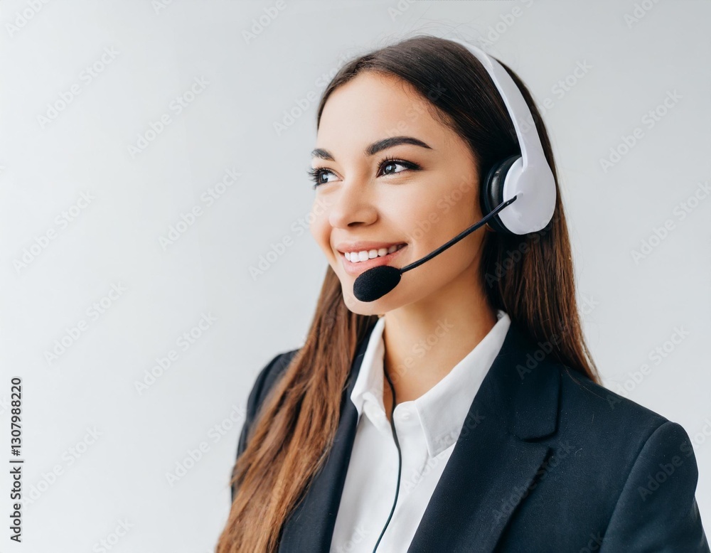 Smiling Woman with Headphones and Mic for Call Center Jobs Isolated on a White Background Smiling Woman with Headphones and Mic for Call Center Jobs Isolated on a White Background