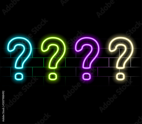 Outline 3 neon questions icon set. Glowing neon question marks, FAQ support, answer searching, questionnaire. Find problem decision. Unknown surprise, secret, mystery. Quest, puzzle and quiz.