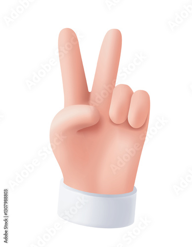 3d hand icon. Cartoon arm showing two fingers as symbol of peace and love. Funny emoji with palm showing gesture or expressing emotion. Realistic vector illustration in plasticine style