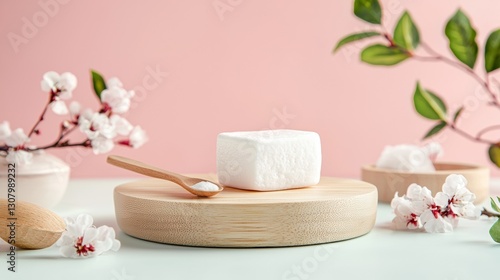 Elegant spa setup with cherry blossoms and natural skincare