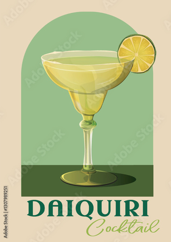 Retro cocktail poster. Banner with cocktail daiquiri with lime. Minimalistic contemporary flyer with delicious refreshing alcoholic drink. Summer beverage. Realistic cartoon vector illustration