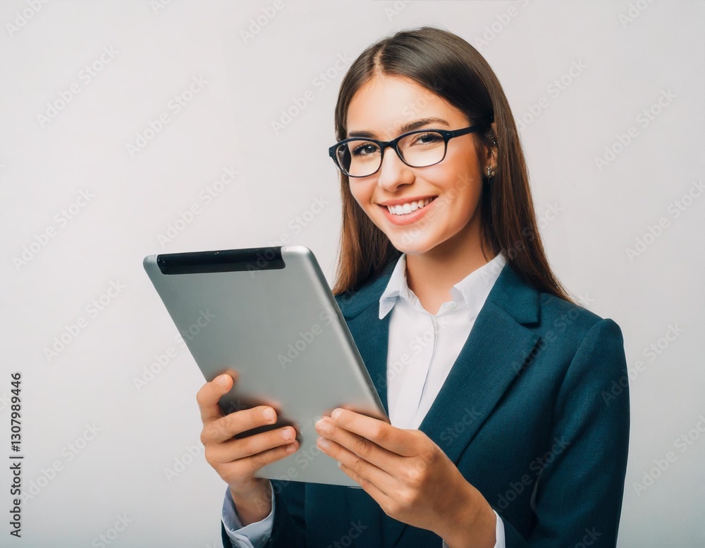Smiling Young Asian Woman Holding a Digital Tablet on a White Background Smiling Young Asian Woman Holding a Digital Tablet on a White Background