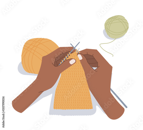 Hands with needlework. Top view of hands knitting crochet with needles and yarn. Creative craft hobby or entertainment. Handicraft and diy at workshop. Flat vector illustration isolated on background