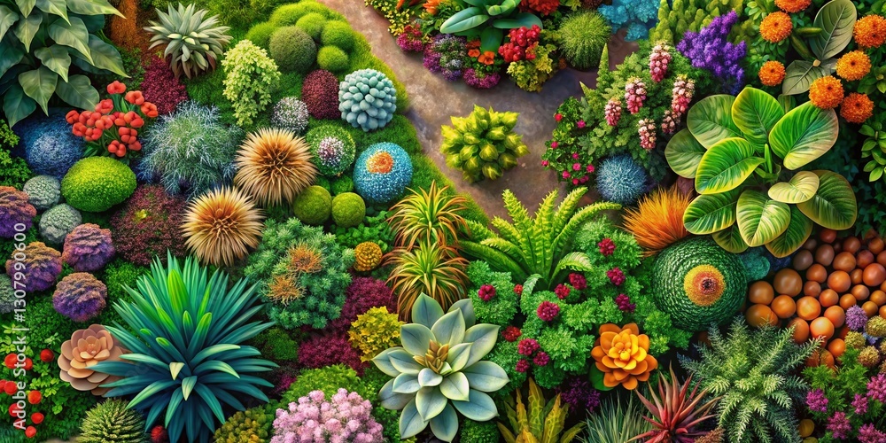 Fototapeta premium Aerial View: Flourishing Hand-Painted Garden, Lush Foliage, Vibrant Flowers