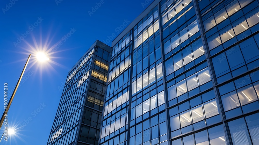 Modern glass buildings illuminated at night with streetlights glowing in the foreground. Modern glass buildings illuminated at night with streetlights glowing in the foreground.