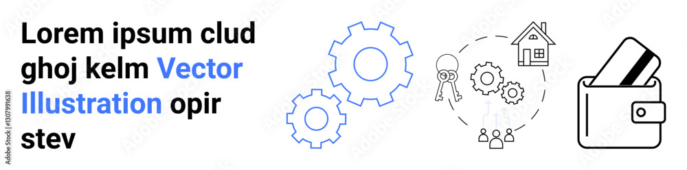 Wallet with credit card, gears, house, users and key represent technology in finance and real estate. Ideal for fintech, real estate, investment, online transactions, home buying financial Wallet with credit card, gears, house, users and key represent technology in finance and real estate. Ideal for fintech, real estate, investment, online transactions, home buying financial