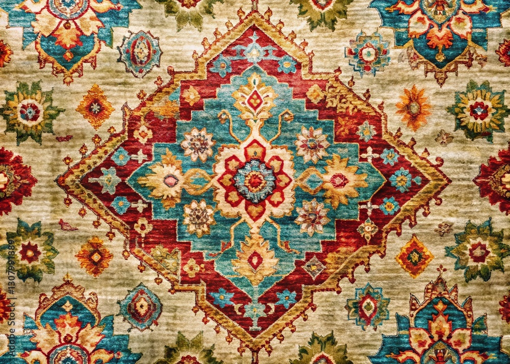 Aerial View: Hand-Knotted Rug Design on Textured Linen Background Aerial View: Hand-Knotted Rug Design on Textured Linen Background