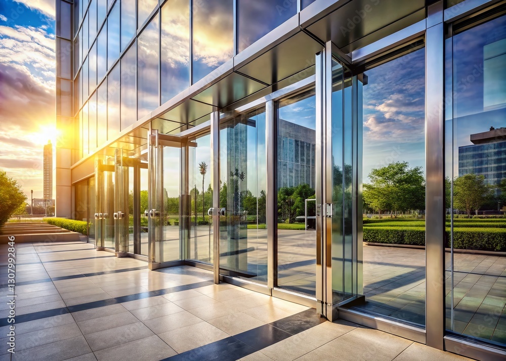Aerial View Modern Glass Doors Chrome Silver Handles Architectural Detail Aerial View Modern Glass Doors Chrome Silver Handles Architectural Detail
