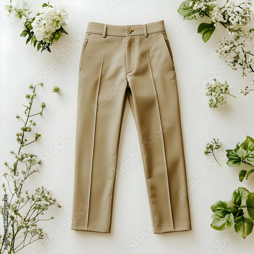 Elegant Beige Trousers Product Photography with Floral Decor - Fashion Illustration