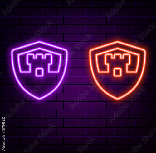 Glowing neon line shield with crown icon isolated on black background. Colorful outline concept.