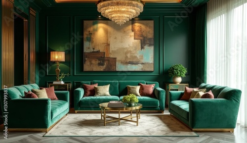 A luxurious Art Deco-inspired living room with rich jewel tones like emerald green and gold, geometric patterns, and velvet upholstery. Incorporate modern elements like a sleek glass coffee table