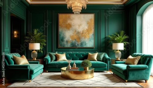 A luxurious Art Deco-inspired living room with rich jewel tones like emerald green and gold, geometric patterns, and velvet upholstery. Incorporate modern elements like a sleek glass coffee table