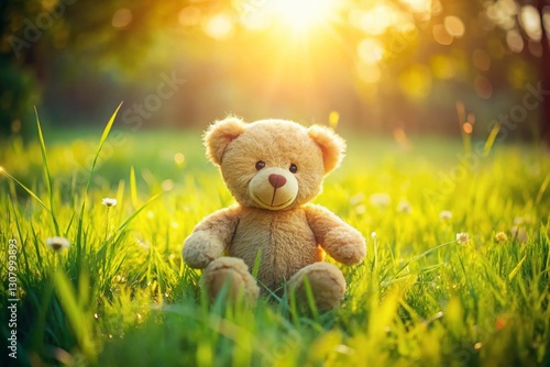 Aerial View of a Plush Single Toy Bear in a Sunny Meadow