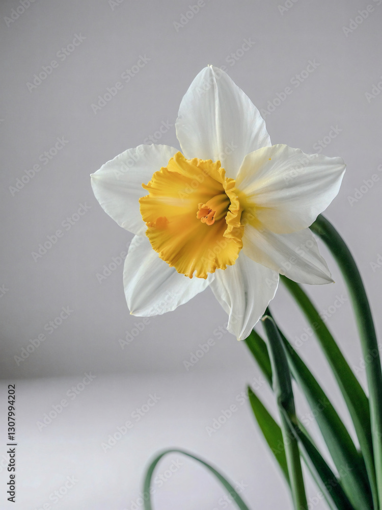 A vibrant yellow daffodil flower showcasing its delicate petals and stunning bloom, set against a clean white backdrop. A vibrant yellow daffodil flower showcasing its delicate petals and stunning bloom, set against a clean white backdrop.