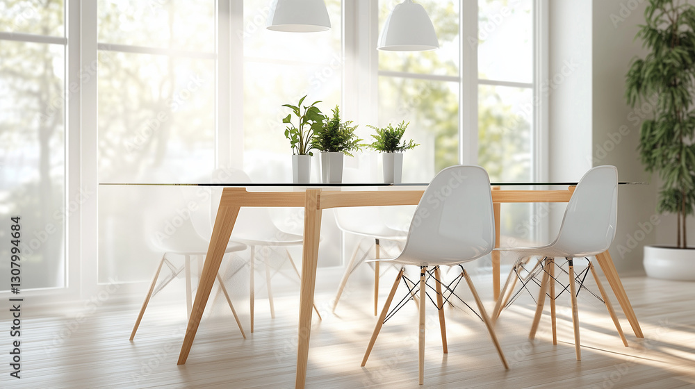 Fototapeta premium Sophisticated Sleek Glass Dining Table with Wooden Legs Enhancing a Bright and Airy Dining Space
