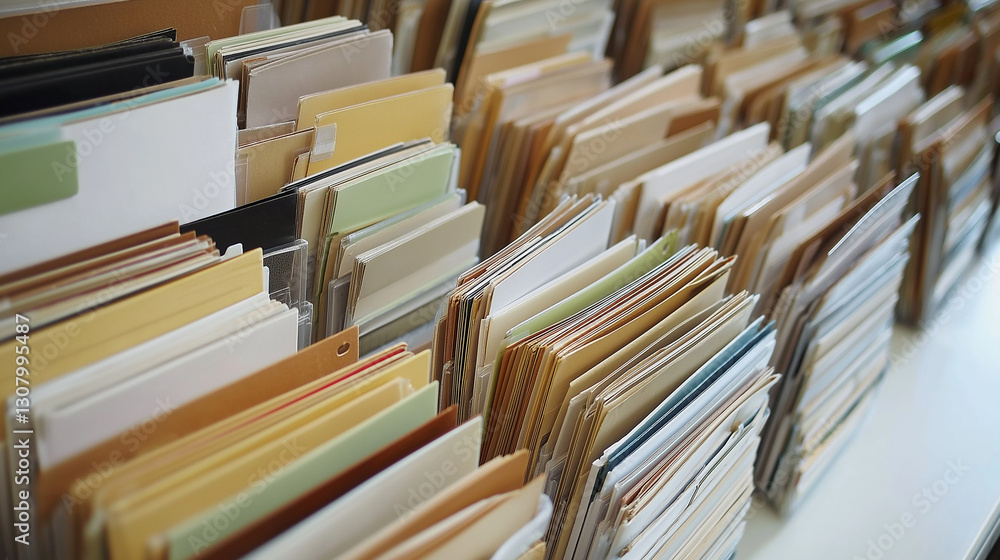 Fototapeta premium Another series of neatly stacked file folders on a pristine white surface, reinforcing themes of orderly simplicity.