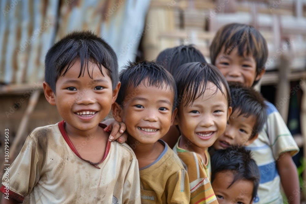 Group of asian children smiling and looking at camera in the village Group of asian children smiling and looking at camera in the village