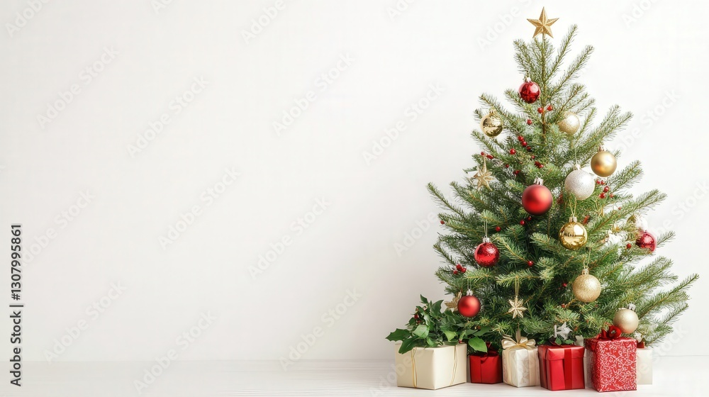 Russian Christmas tree adorned with classic ornaments and a seasonal box plant Russian Christmas tree adorned with classic ornaments and a seasonal box plant