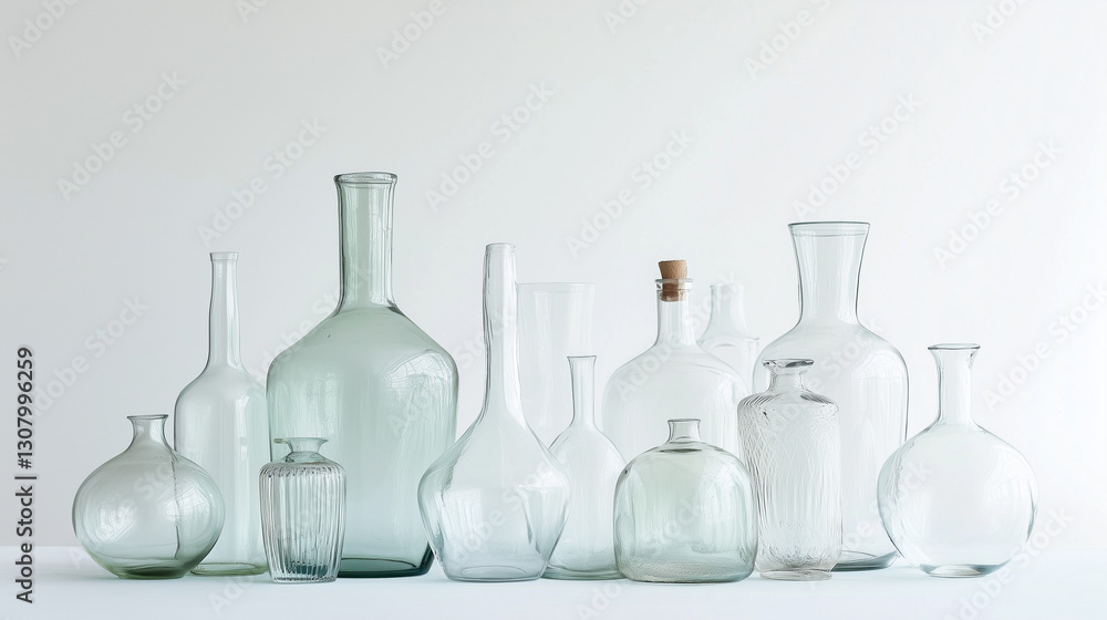 Collection of stacked glass vases arranged on a clean white background showcases elegant transparency and modern design, forming a striking artistic display. Collection of stacked glass vases arranged on a clean white background showcases elegant transparency and modern design, forming a striking artistic display.