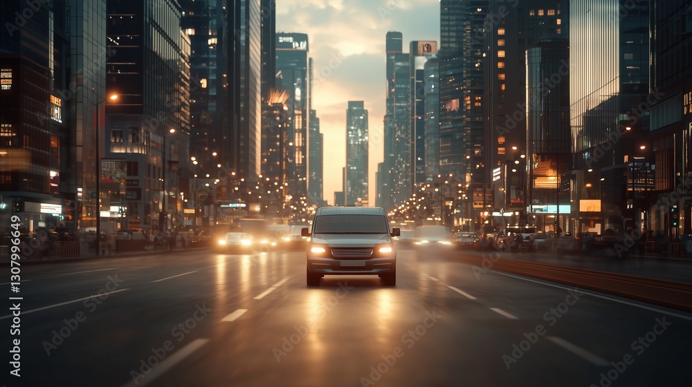 Obraz premium A white delivery van driving through a bustling city street at sunset.