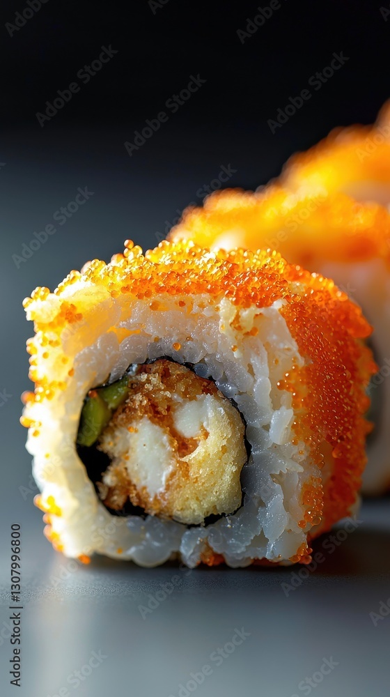 close-up of sushi roll with spicy mayo and tobiko, japanese food photography, gourmet dining experience close-up of sushi roll with spicy mayo and tobiko, japanese food photography, gourmet dining experience