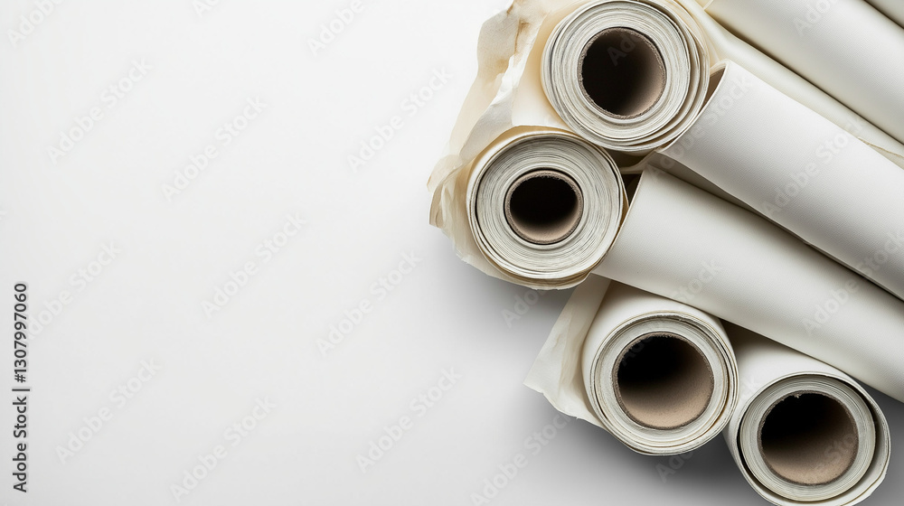 Fototapeta premium Bundle of Rolled-Up Canvas Sheets on a Bright White Background, inspiring artistic expression