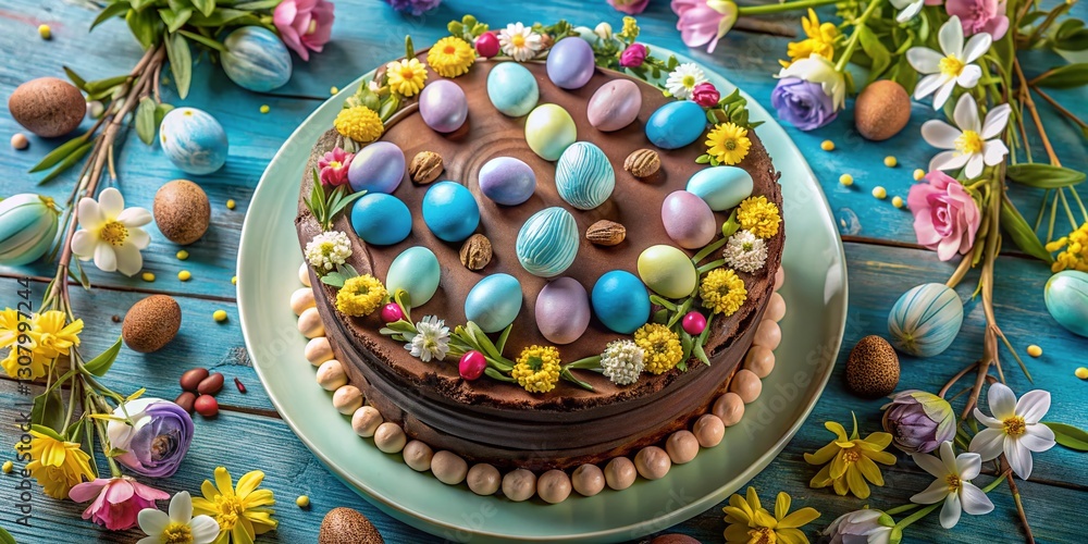 Aerial View of Easter Bakery: Delicious Chocolate Cake with Blue Eggs Aerial View of Easter Bakery: Delicious Chocolate Cake with Blue Eggs