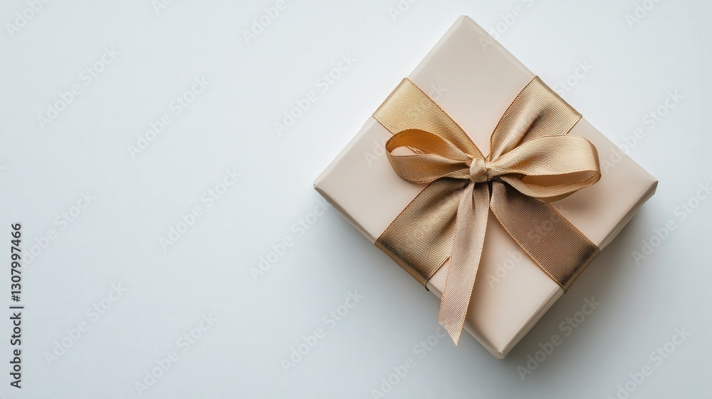 Gift box elegantly wrapped with a lustrous gold ribbon on a clean white surface Gift box elegantly wrapped with a lustrous gold ribbon on a clean white surface