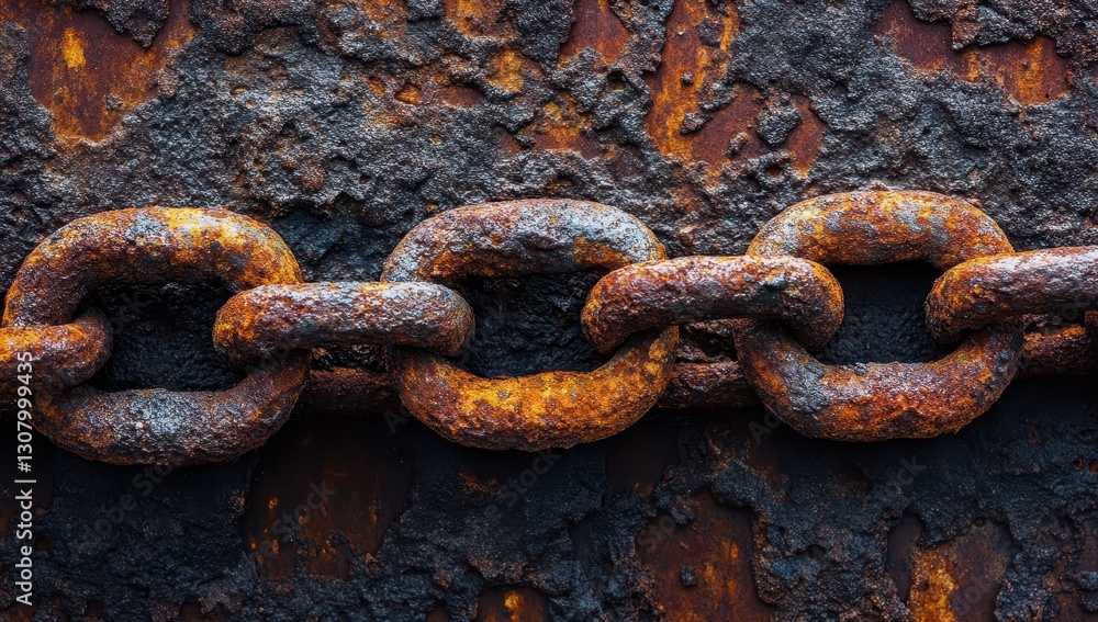 Rusty metal chain links on a weathered surface highlighting texture and decay in an industrial setting with rich brown and orange tones Rusty metal chain links on a weathered surface highlighting texture and decay in an industrial setting with rich brown and orange tones