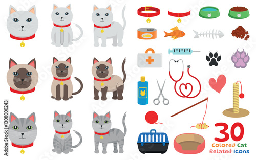 30 Colored Related Cat Icons - Illustrations of 3 different Cats Breeds accompanied by Related Items.