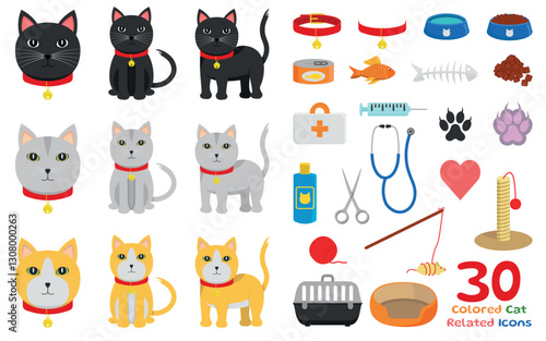 30 Colored Related Cat Icons - Illustrations of 3 different Cats in Head, Sitting and Sideways Poses, accompanied by Related Items.