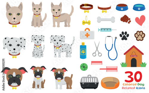 30 Colored Related Pet Icons - Illustrations of 3 different Dog Breeds accompanied by Related Items.