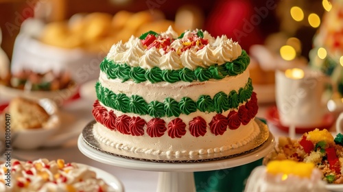 Wallpaper Mural A Festive Layered Cake Decorated with White, Green, and Red Icing for a Holiday Celebration Torontodigital.ca