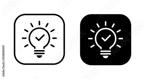 Light bulb outline with check mark icon on black square. Lamp with tick sign symbol
