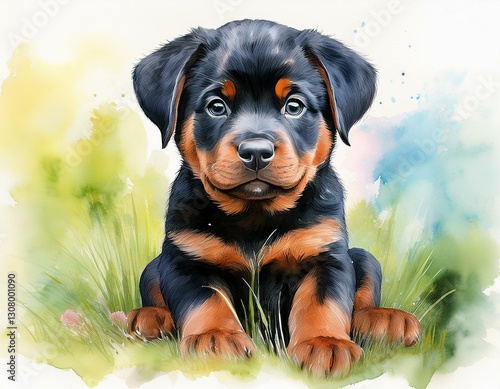 watercolor painting art of a young rottweiler puppy sitting on green grass with an adorable expression and soft fluffy fur