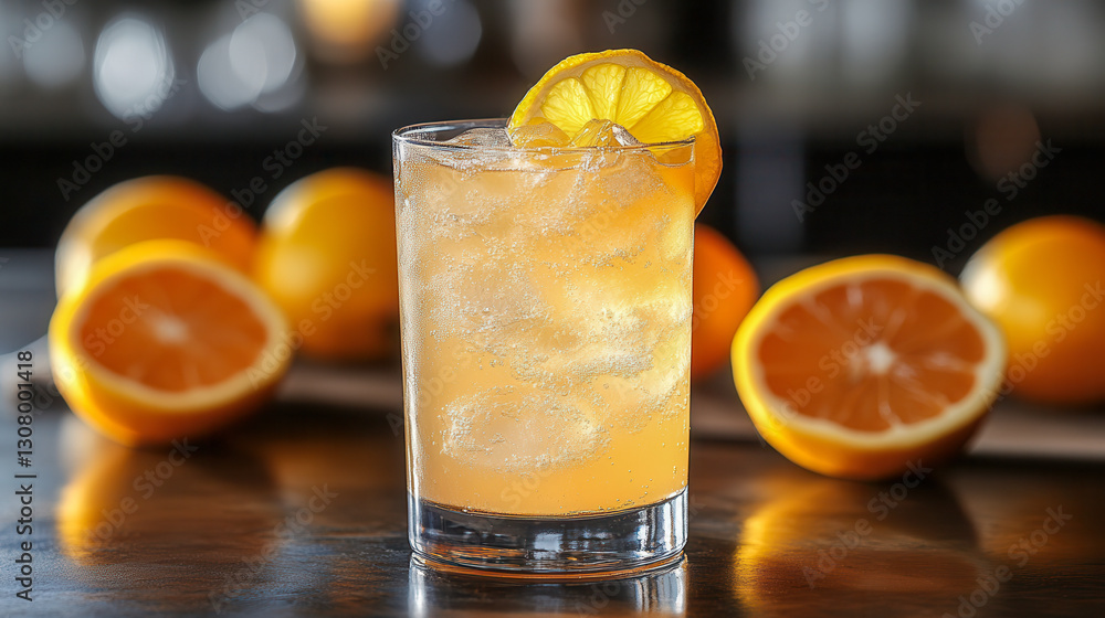 Refreshing John Collins cocktail with citrus and bubbles served on a bar counter surrounded by fresh oranges Refreshing John Collins cocktail with citrus and bubbles served on a bar counter surrounded by fresh oranges