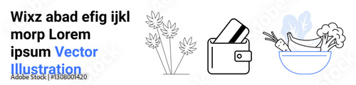 Black text block on the left. Centerpieces wildflowers, a credit card inside a wallet, and a bowl of fresh produce. Ideal for finance, nature, culinary arts, commerce, healthy living minimalism