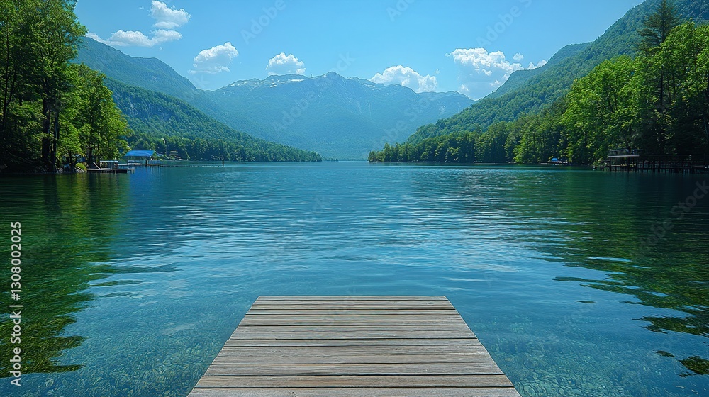 Serene lake dock, mountains, clear water, tranquil scenery Serene lake dock, mountains, clear water, tranquil scenery