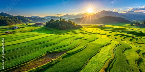 Aerial View of Rice Paddy Fields Forming a Giant Rice Bowl - Stunning Harvest Landscape