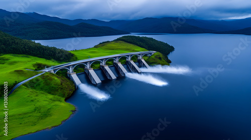Large hydroelectric dam with powerful water flow surrounded by lush green landscap