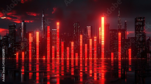 Neon red city skyline reflecting sound waves at night