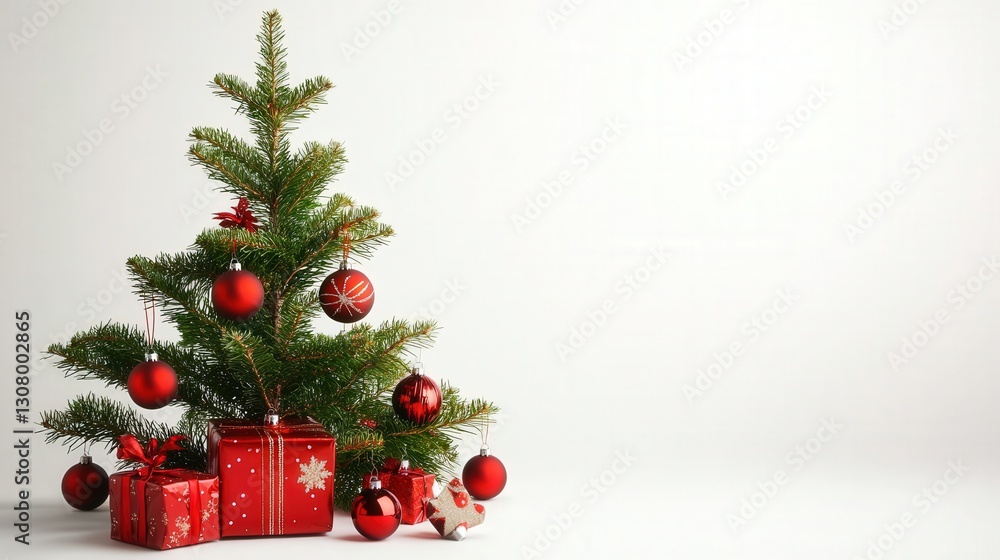 Christmas tree adorned with festive ornaments and a holiday box plant displayed Christmas tree adorned with festive ornaments and a holiday box plant displayed