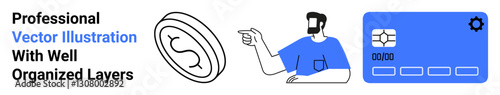 Digital coin, man pointing, and payment card with chip emphasize fintech and digital transactions. Ideal for fintech, cryptocurrency, banking, e-commerce, finance apps, payment services flat landing