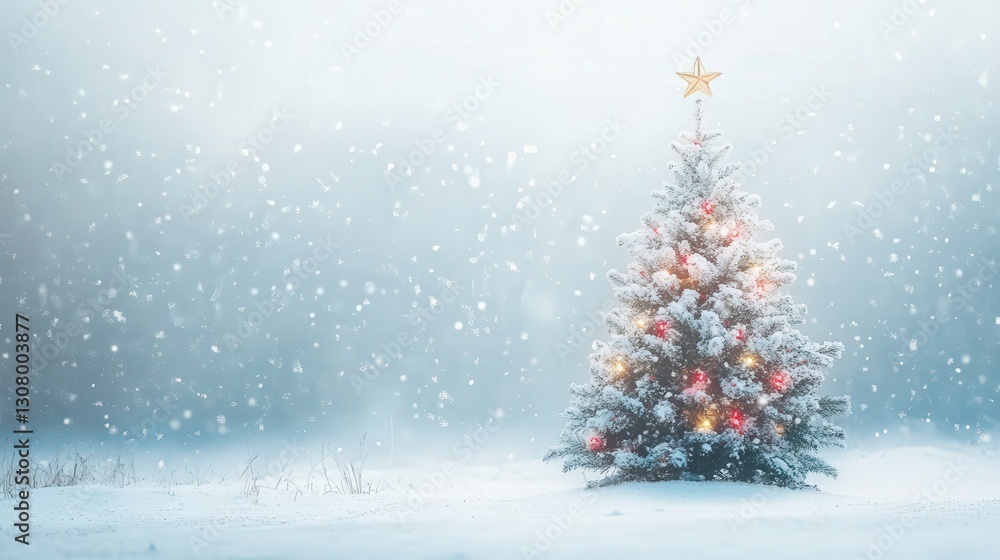 Snowy Christmas scene with a beautifully decorated tree and gentle snowfall Snowy Christmas scene with a beautifully decorated tree and gentle snowfall