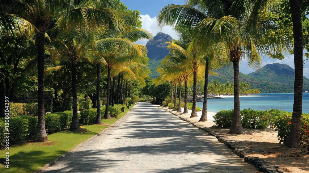 Fototapeta premium Palm-lined path to tropical beach, island vista
